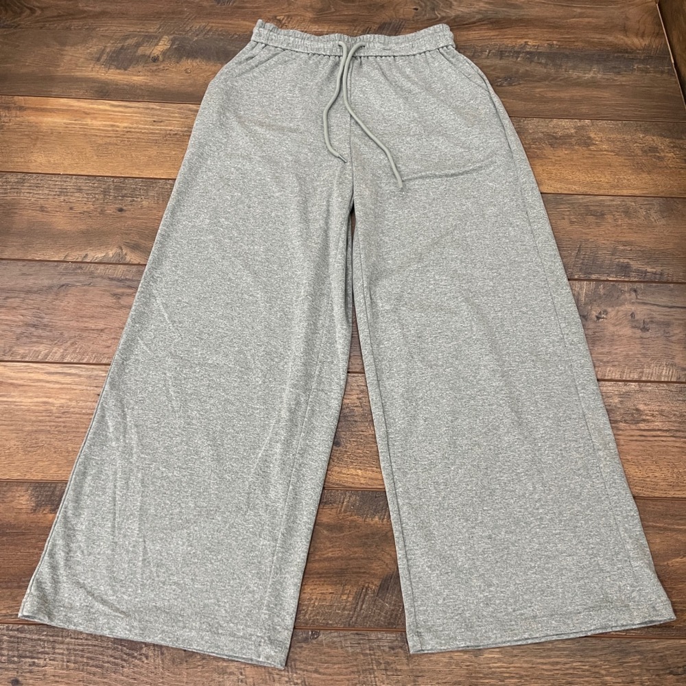 Halara Wide Leg Lounge Pants Heathered Sage Green Petite Small Drawstring Pocket